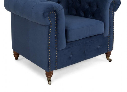 Designer Chair 1 Seater Blue Leather Textile Luxury Club Lounge Sofa Chesterfield